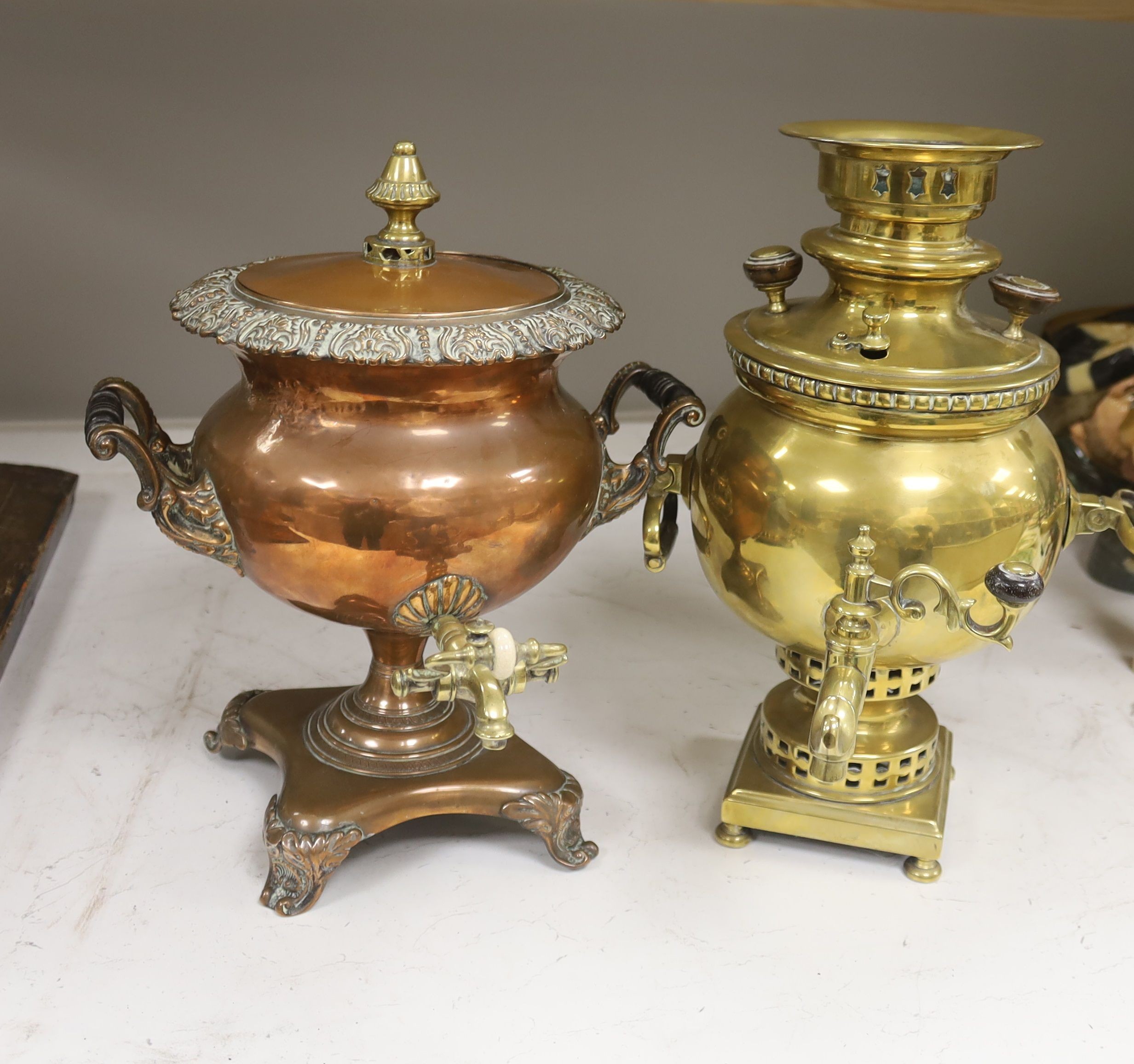 A brass samovar and a copper tea urn, height 37cm